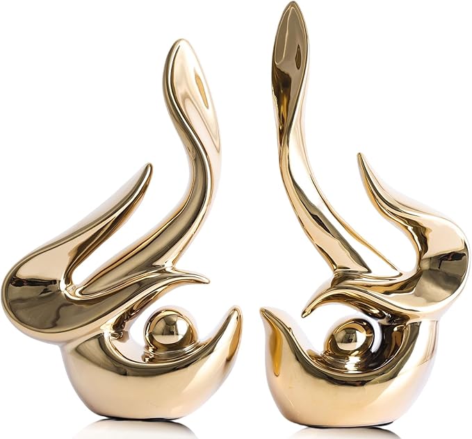 XMGZQ Mid Century Modern Abstract Art Home Decor Accent,Porcelain Statues for Living Room Coffee Table Centerpieces for Dining Room,Ceramic Sculptures and Gold Knick Knacks for TV Stand Decor (Gold)
