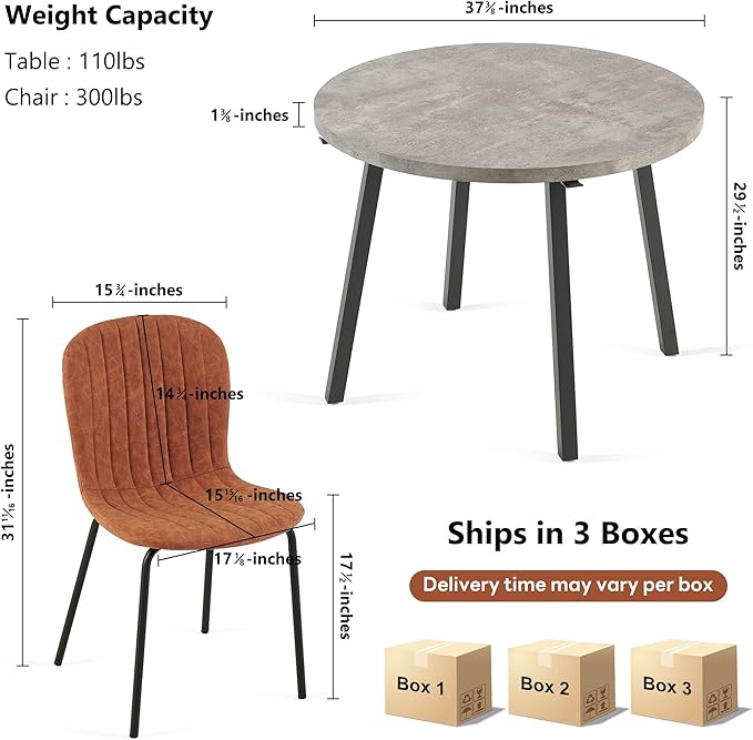 NORDICANA 4-Person Round Dining Table Set for Small Spaces, Industrial Style 37.4 Dia Grey Engineered Wood Kitchen Table with Faux Leather Dining Side Chairs, Brown