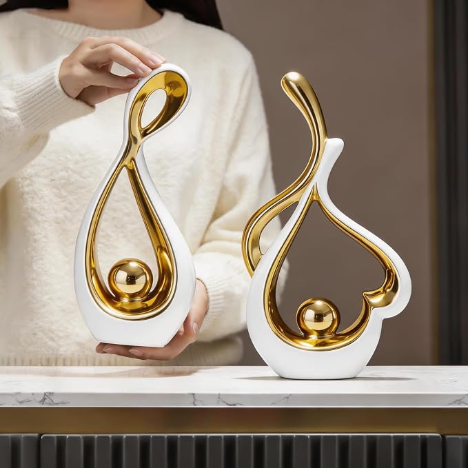 White Gold Abstract Ceramic Sculpture Set of 2, Modern Statues for Living Room Shelf Coffee Table Decor, Mid Century Art Deco Centerpiece, Glossy Decor for TV Stand Dining Table Mantel Entryway