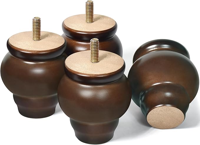 Furniture Legs, Wood Sofa Legs, Turned Couch Legs, Round Furniture Feet for Dresser, Sideboard, Recliner, Coffee Table (Dark Brown, 3 inch)