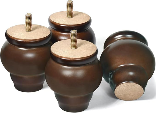 Furniture Legs, Wood Sofa Legs, Turned Couch Legs, Round Furniture Feet for Dresser, Sideboard, Recliner, Coffee Table (Dark Brown, 3 inch)