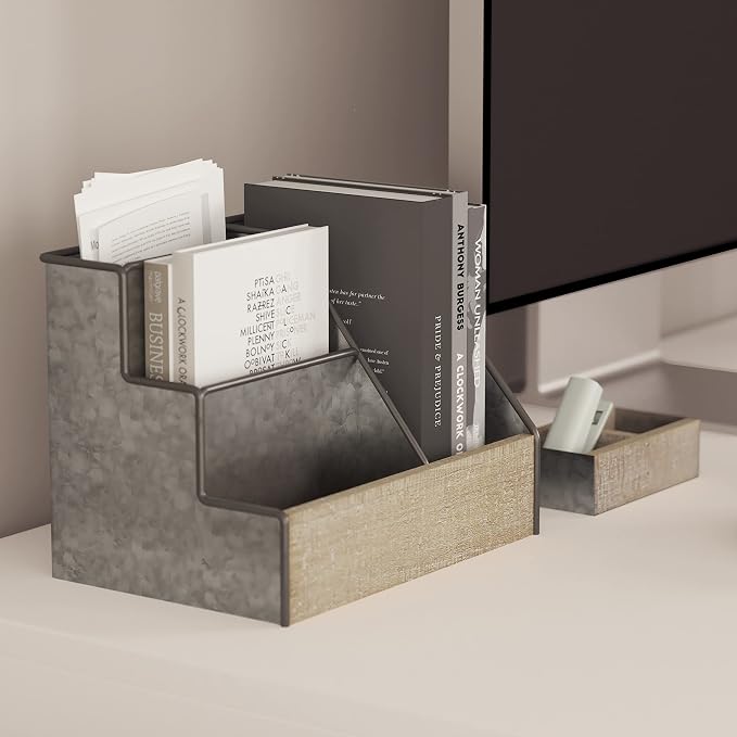 Merrick Lane Cecil 3 Piece Metal and Wood Organizer Set - Galvanized Metal and Rustic Wood - For Desktop, Countertop, or Vanity