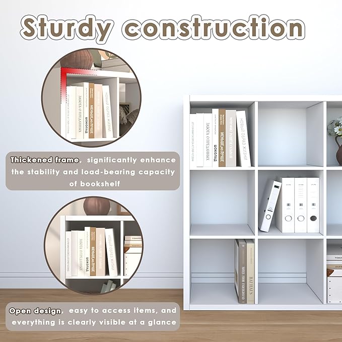 Endearing Limons【2026 Wooden Thick Border 9 Cube Shelf Storage Organizer with Anti-Tipping Kits + Reversible Open Back Bookcase (11 x 11 Unit Cell White)
