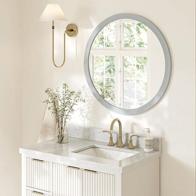 ARIEL Round Wooden Mirror 30" in Grey, Wood Circle Wall Mirror for Bathroom, Vanity, Entryway & Living Room Decor, Farmhouse Style