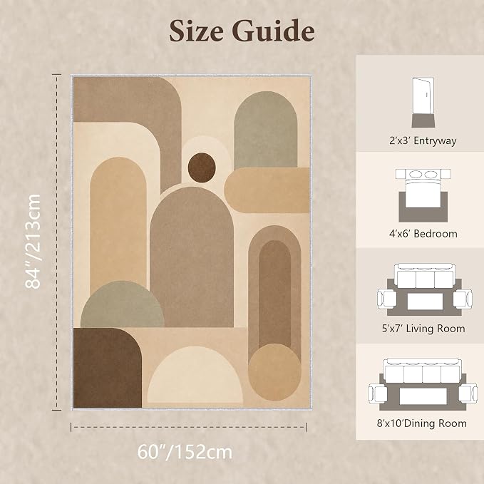 Neutral Geometric Area Rug 5x7, Mid Century Modern Abstract Rug, Soft Taupe Beige Color Block Washable Low Pile Non Slip Rug for Living Room Bedroom