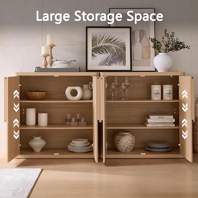 69'' Sideboard Buffet Cabinet W/Storage, Modern Accent Cabinets W/Curved Handles & Adjustable Shelves, 4 Doors Coffee Bar Buffet Table Credenza for Living Room Kitchen Hallway, Natural Oak