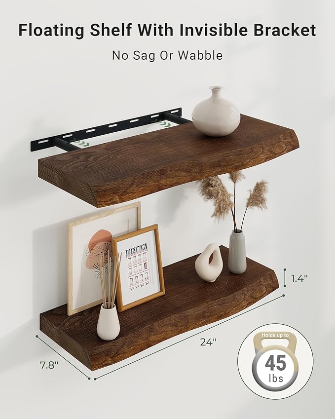 Axeman 24" Solid Wood Floating Shelves for Wall Decor, USA-Sourced Rustic Ash Wood Live Edge Shelf with Upgraded Heavy Invisible Bracket, Wall Mounted Shelf for Kitchen Bathroom Living Room, Walnut