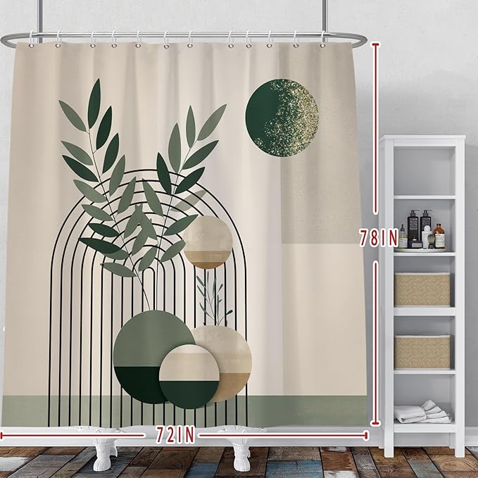 Baocicoo Mid Century Bohemia Green Moon Leaves Shower Curtain for Bathroom - Geometric Aesthetic Bathtub Decor - Polyester Durable Shower Curtain with Hooks - 72x78 Inches