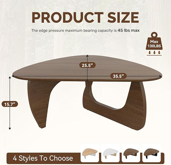 Modern Wood Coffee Table, Triangle Center Table with Premium Wooden Top& Unique Base, 35.5” Small Mid Century Tea Tables for Living Room, Apartment, Office,Walnut
