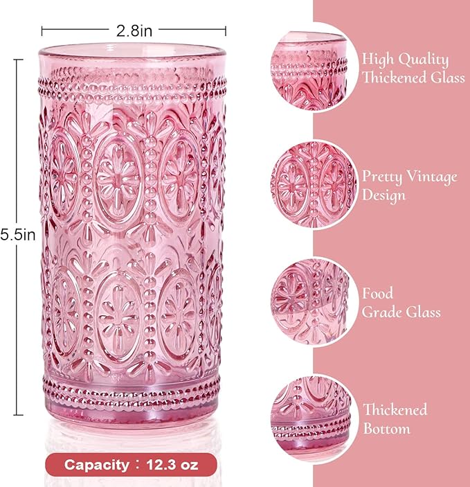 Drinking Highball Beverage Glass Cup, Vintage Drinking Glasses, Colored Glassware Set for Party Wedding Home Office Gift, Set of 4 ,Pink