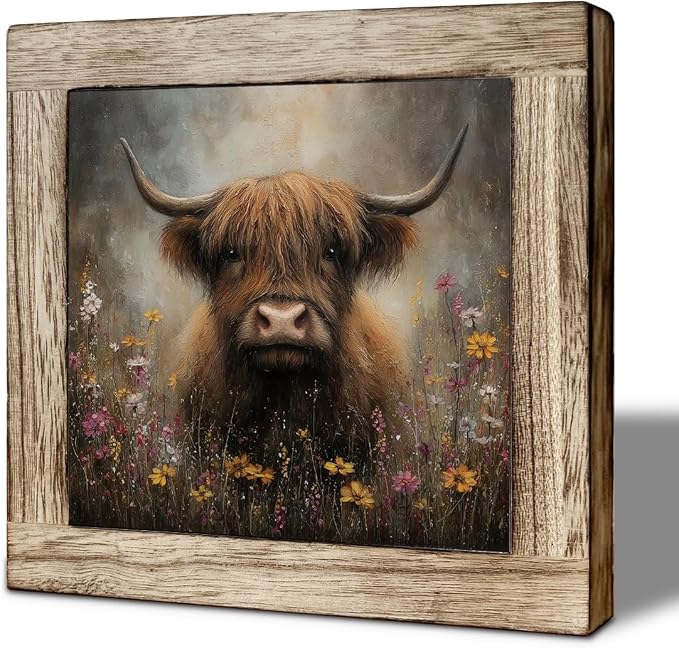 Highland Cow Wildflower Wooden Desktop Sign, Rustic Farmhouse Cow Wood Plaque Tabletop Decor, Country Floral Cattle Wooden Sign for Home Office Shelf
