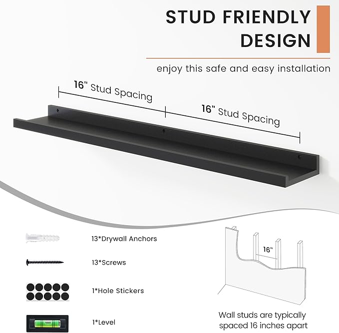 Floating Picture Ledge Shelves Set of 4, 36 Inch Shelves with Lip - Large Nursery Book Shelf for Toys Storage, Kids Bookshelf - Wall Mounted Living Room Bedroom Decor Frames