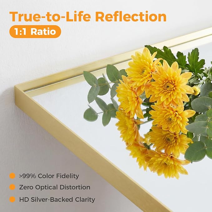Sweetcrispy Bathroom Mirrors for Over Sink, 24" x 40" Rectangle Wall Mount Mirror with Metal Frame, Modern Vanity Mirror with Tempered Glass, for Home Decor, Anti-Rust, Gold