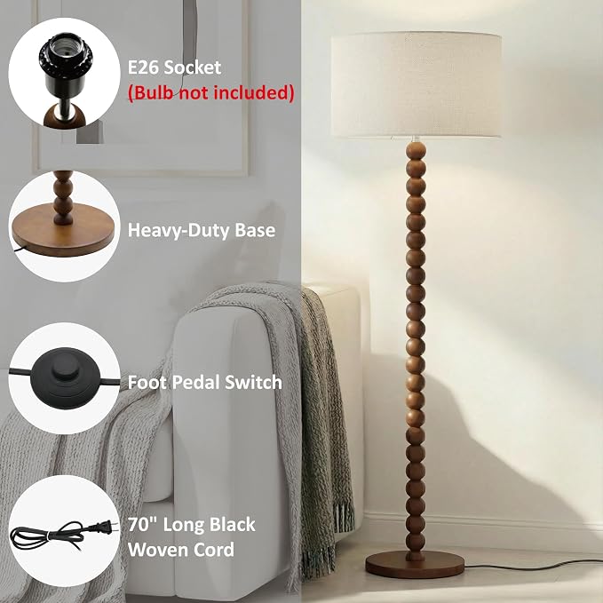 Buruis 61" Beaded Wood Floor Lamp with 17.2" Large Linen Shade, Retro Mid-Century Accent Walnut Finish Standing Lamp for Living Room, Bedroom, Office, Corner, UL Listed, Bulb Not Included, Cream