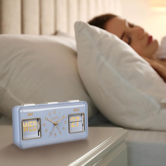 La Crosse Clock 636-379BL Daily Flip Blue Periwinkle Tabletop Alarm Clock with Calendar