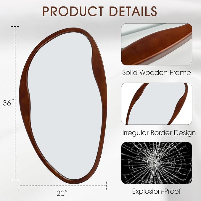 Asymmetrical Wood Mirror, Irregular Wall Mirror, Walnut Wooded Framed Wave Mirrors for Bathroom, Bedroom, Living Room, Entryway, Farmhouse Mid Century Modern Mirrors(36" H x 20" W)