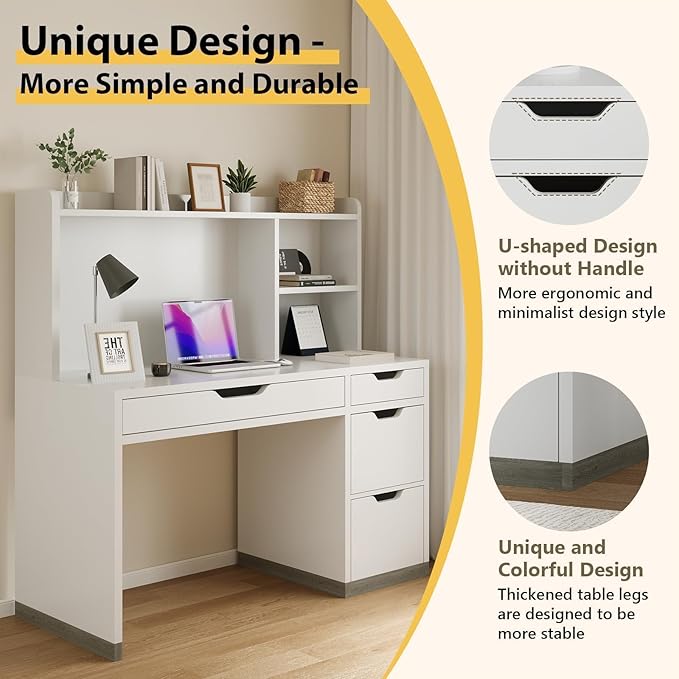MaverickFurni White Desk with Hutch and Drawers, 53 Inch Computer Desk with Storage File Drawer, White Study Desk with 4 Drawers for Bedroom, Small Space