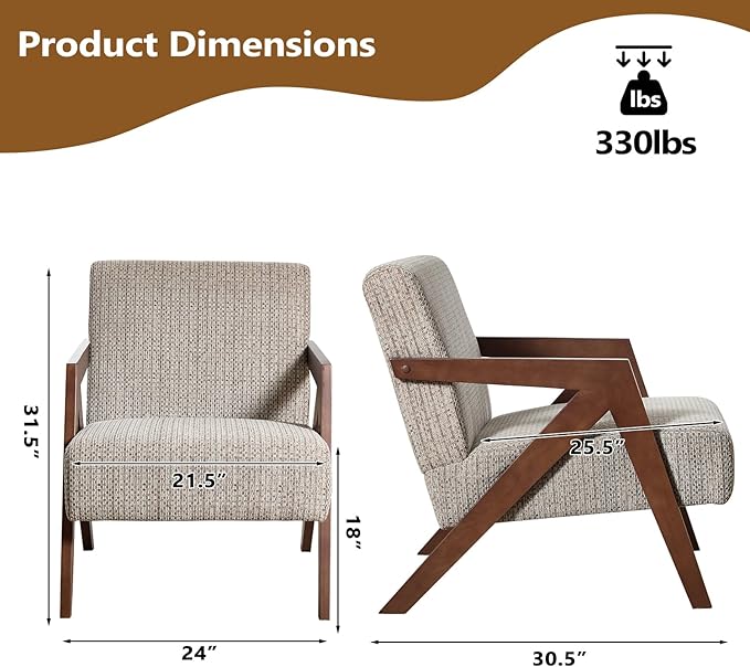Bonzy Home Mid-Century Modern Accent Chair with Solid Wood Frame, Upholstered Armchair for Bedroom & Living Room,Reading Side Chair with Soft Lien Fabric Cushion,Easy Assembly