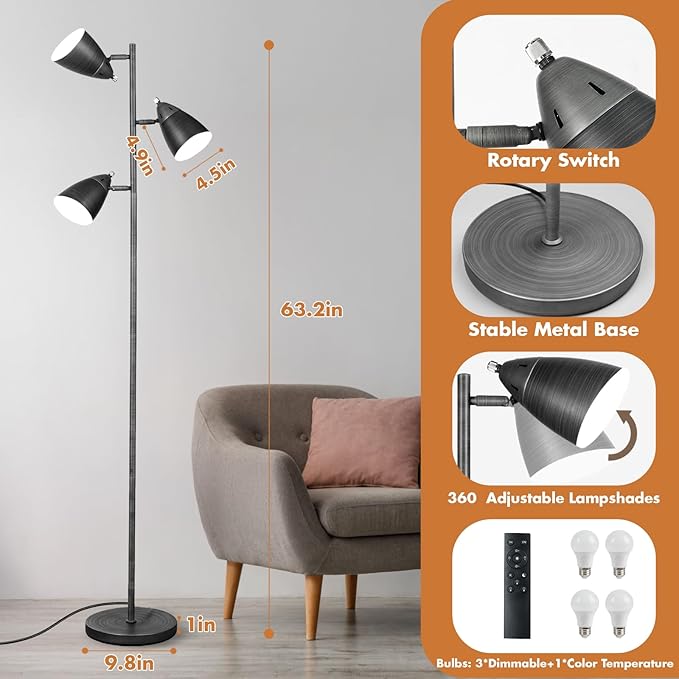 LALISU Tree Floor Lamp for Living Room, Industrial 3-Light Standing Lamp with 3 LED Bulbs, Adjustable Rotation Heads, Standing Tall Pole Lamp Farmhouse Rustic Reading Lamps (Brushed Black)