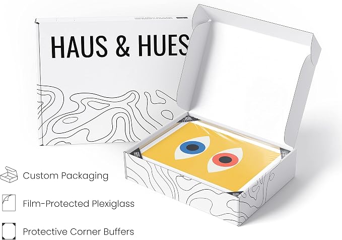 HAUS AND HUES Mid-Century Bauhaus Art Print – Evil Eye Retro Wall Decor, Yellow Geometric Abstract Poster (Beige Frame, 12x16)