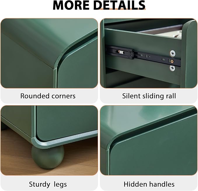 AVZEAR Modern 2 Drawer Dresser, 2 Drawer Nightstand Small Wooden Dresser Chest of Drawers, Handle Free & Curved Profile Design Sofa End Table for Living Room, Nursery, Green