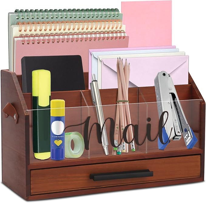 Wood Desk Organizer with Drawer, Bill Mail Organizer Countertop Workspace Organizers for Office Supplies Desk Organization Letter Holder