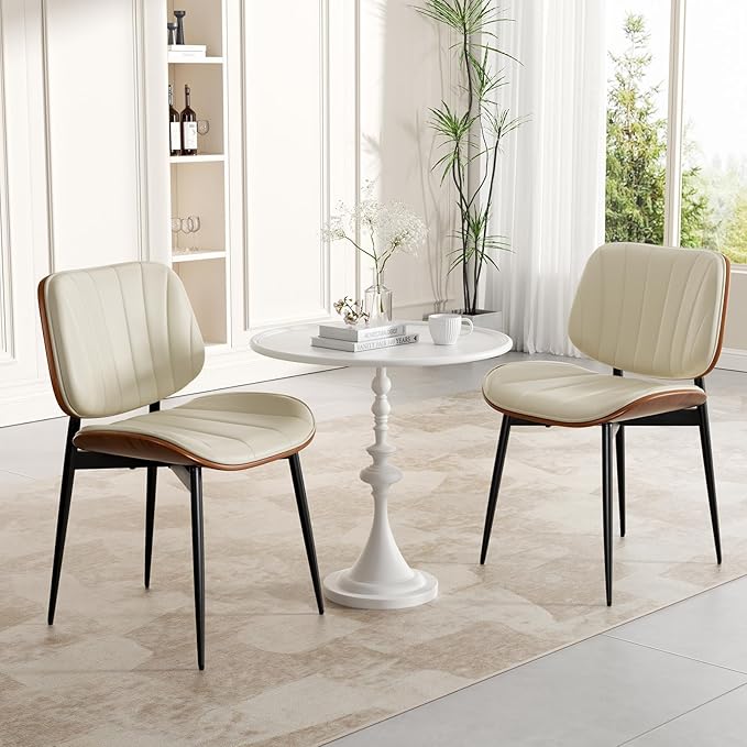 Dining Chairs Set of 6, Mid Century Modern Dining Room Chair, Upholstered Faux Leather Kitchen Chairs with Walnut Bentwood Back and Metal Legs for Kitchen Dining Room Living Room, Beige