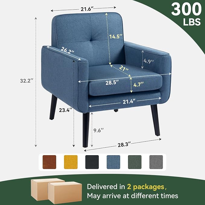 Vogue Furniture Direct Accent Chair Set of 2, Fabric Modern Chair with Wooden Frame, Cozy Armchair Reading Chair with Comfy Back for Apartment, Living Room, Bedroom, Small Space, Corner, Blue