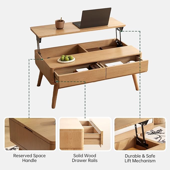 Lift Top Coffee Table, 100% Solid Oak Wood Log Color Coffee Table with Drawers and Hidden Compartments, Rectangular Coffee Tables with Storage for Living Room Home Decor (39.37" L)