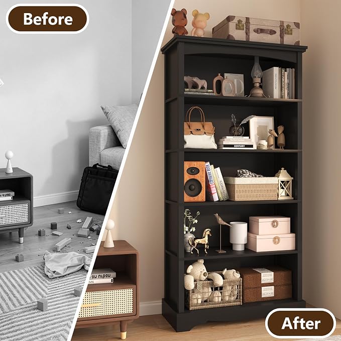 TVU 5-Tier Wooden Bookshelf, 65" Tall Farmhouse Style Open Bookcase, 31.5" W Standing Book Shelf with Storage, Suitable for Study, Living Room, Office, Blcak