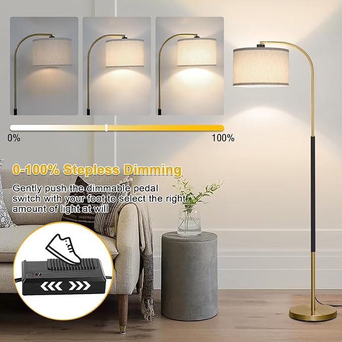 Dimmable Floor Lamp for Living Room, Arc Floor Lamps with Adjustable Drum Shade Pedal Switch, Black and Gold Tall Standing Lamp with 9W LED Bulb, Modern Reading Light Pole Lamp for Bedroom, Office