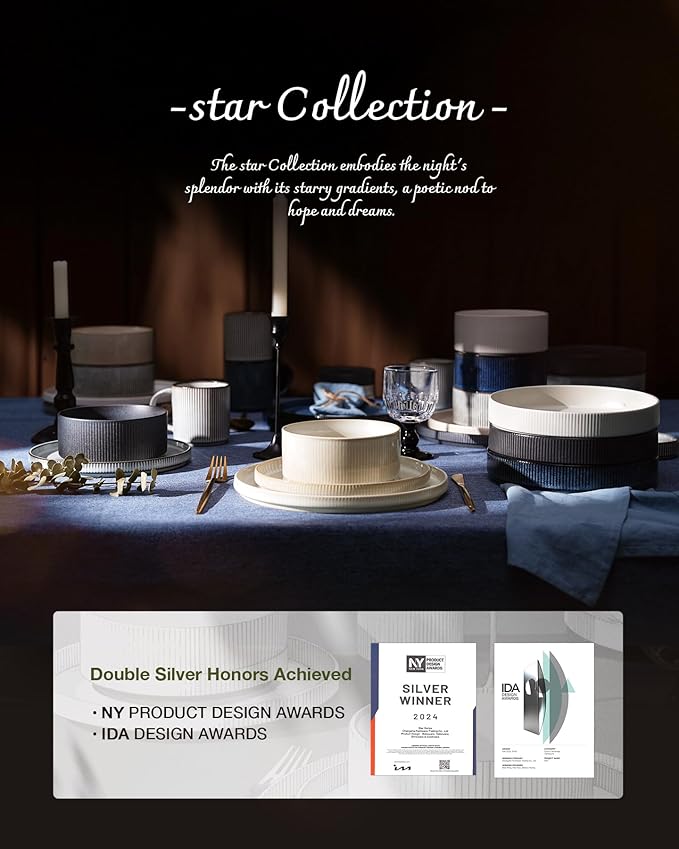 famiware Star Plates and Bowls Sets, Modern Stoneware Dinnerware Sets for 8, 24-Piece Kitchen Dish Set - Microwave and Dishwasher Safe, Chip and Scratch Resistant, Nebulas Blue