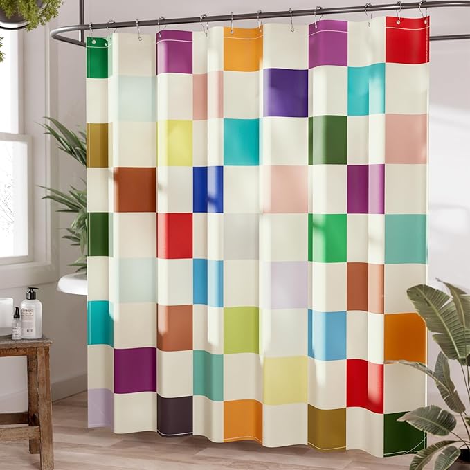 AmazerBath Colorful Checkered Shower Curtain, 72x72 Washable Cloth Modern Geometric Shower Curtains for Bathroom, Fabric Cute Kids Shower Curtain Set & 12 Hooks, Rustic RV Camper Dorm Shower Curtain