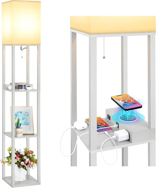 Mlambert Modern Shelf Floor Lamp with Wireless Charger & Fast Charging USB Ports & Type C Port & 2 Power Outlets,3 Tier Storage Lamp for Bedroom,Grey