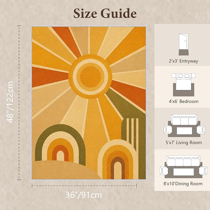 Golden Sunburst Area Rug 3x4, Mid Century Modern Retro Geometric Rug, 70s Style Abstract Washable Low Pile Non Slip Rug for Living Room Bedroom