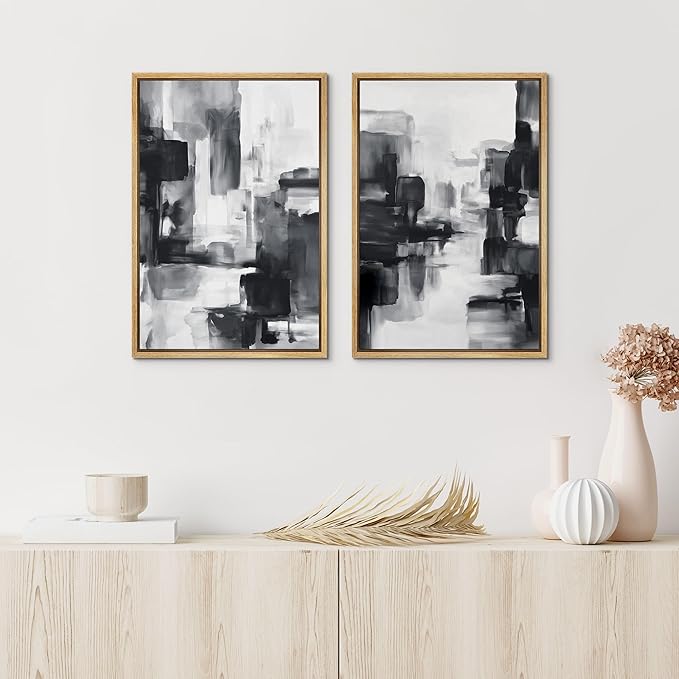 IDEA4WALL Framed Canvas Print Wall Art Set Black and White Urban Abstract Bold Monochrome Brushstroke Illustrations Modern Art Decorative Calm/Zen for Living Room, Bedroom, Office - 16"x24"x2 Natural