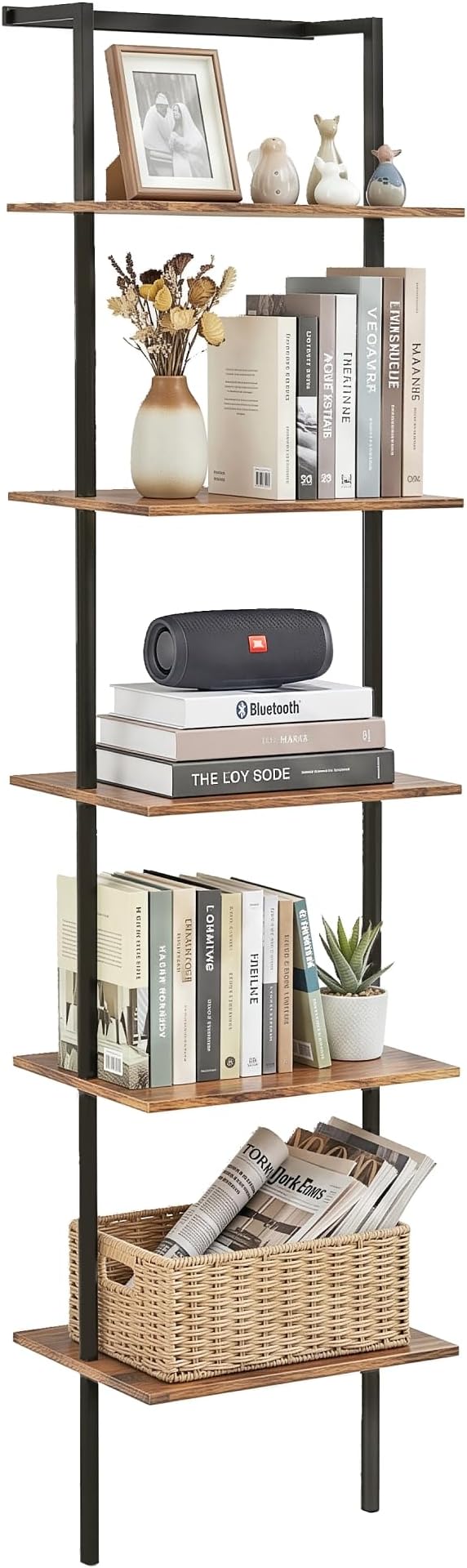 5-Tier Ladder Shelf, Wall Mounted Ladder Bookshelf with Metal Frame, Wood Tall Open Storage Rack and Display Shelves for Home Office Bedroom Living Room, Rustic Brown