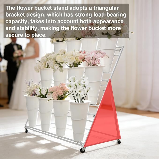 3-Tier Flower Display Stand with 12 Buckets, Heavy Duty Metal Flower Plant Cart with Wheels, Indoor Large Capacity Flower Bar Florist bucket Rack, Moving Florist Bouquet Shelf for Wedding Garden (D, 39.6*23.7*40.6in)