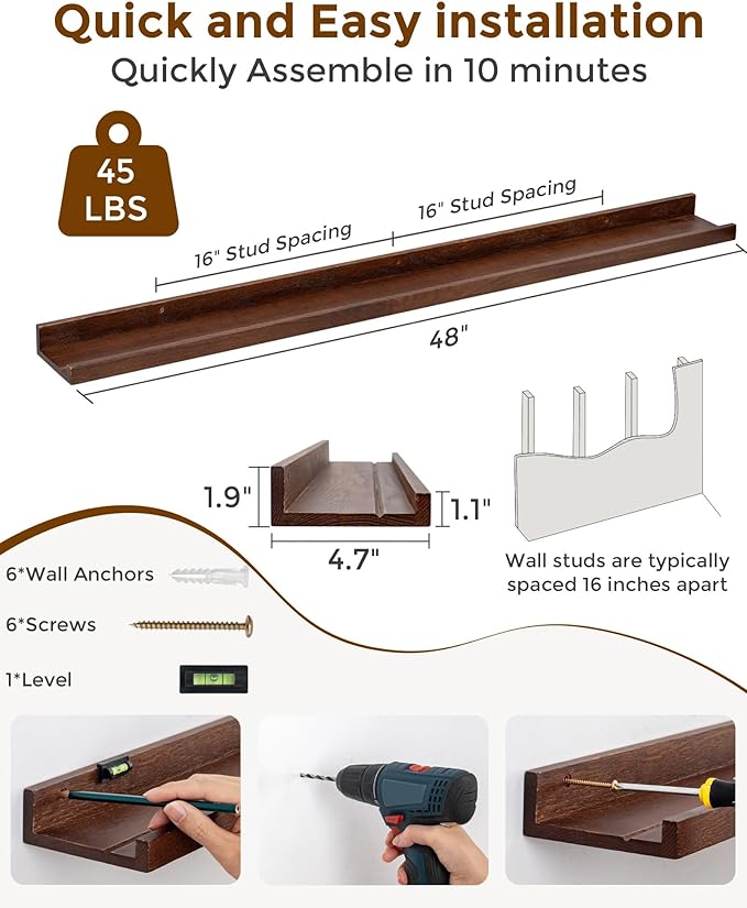 Axeman Oak Picture Ledge Shelf, 48 Inch Floating Shelves Set of 2, Solid Oak Wood Wall Shelves with Lip, Wall Decor Storage for Bedroom Living Room Bathroom Kitchen Nursery Photo Picture, Walnut