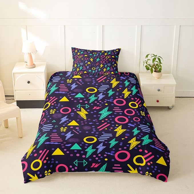 Retro 80s Style Bedding Set Twin,Abstract Geometric Pattern Duvet Cover Urban Modern Design with Circles and Triangle Comforter Cover Colorful Pop Art Inspired Pattern Quilt Cover for Boys Child