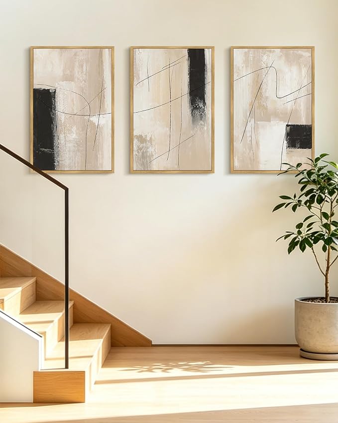 KUVIOKE Abstract Framed Wall Art Minimalist Beige Pastel Watercolor Neutral Wall Decor Modern Black Line Art Painting for Bedroom Dining Room 16x24in (Natural Framed)