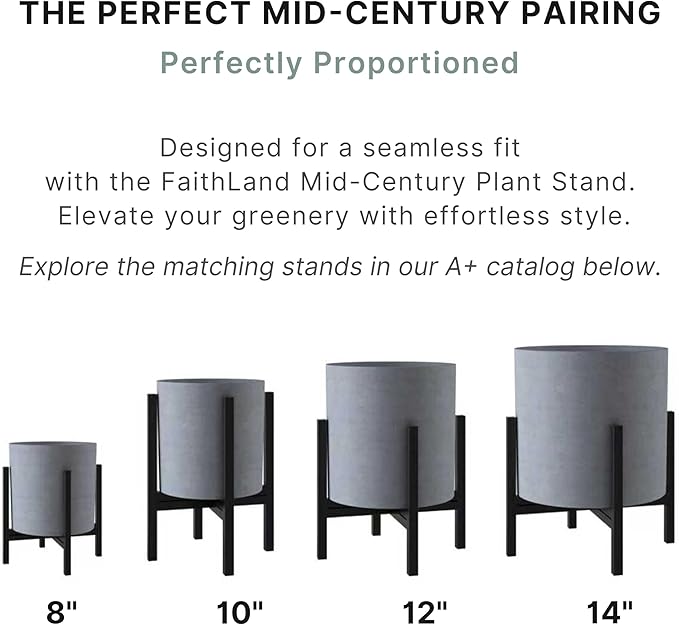 FaithLand 12 Inch Fiberstone Planter - Lightweight Modern Cylinder Plant Pot with Drainage Hole & Plug, Authentic Concrete Look, Gray