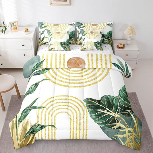 Erosebridal Modern Boho Green Bedding Set Twin Minimalist Mid Century Comforter Set 7 Piece Simple Aesthetic Art Bed in A Bag for Kids Girls Women Minimalism Plant Quilt with Flat Fitted Sheet