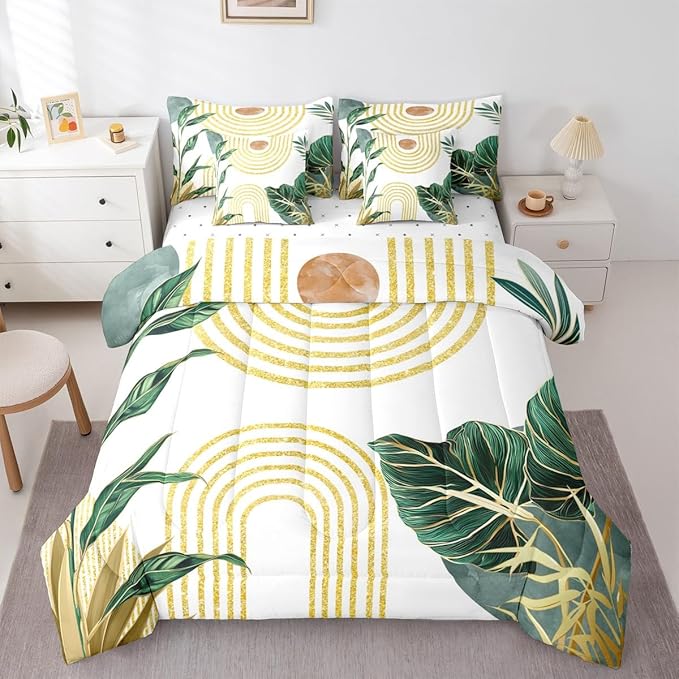 Erosebridal Modern Boho Green Bedding Set King Minimalist Mid Century Comforter Set 7 Piece Simple Aesthetic Art Bed in A Bag for Adults Minimalism Plant Quilt with Flat Fitted Sheet