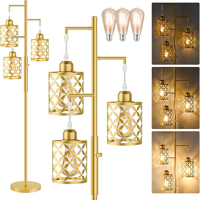 Dimmable Floor Lamp, Farmhouse Standing Lamp with Elegant Metal Cage, Industrial Tall Tree Floor Lamps for Living Room, Bedroom, Study Room, Office, 2000LM LED Bulbs Included - 68", Gold