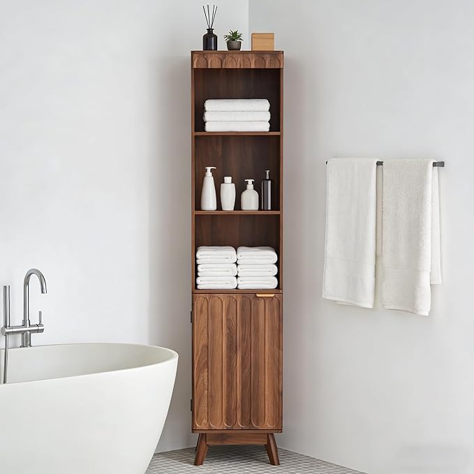 71" Tall Narrow Bathroom Storage Cabinet with Door, Small Fluted Cabinet with Adjustable Shelves & 3-Tier Open Shelf, Modern Freestanding Slim Organizer for Space Saving Living Room Kitchen (Walnut)