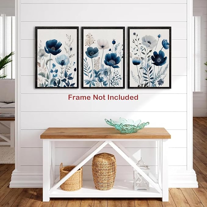 BingruiArt Navy Blue Wall Art Canvas Abstract Floral Painting Blue and Gray Posters Watercolor Flower Decor Wildflower Pictures Botanical Prints for Living Room Bedroom Bathroom 3 Pcs 16x24in Unframed