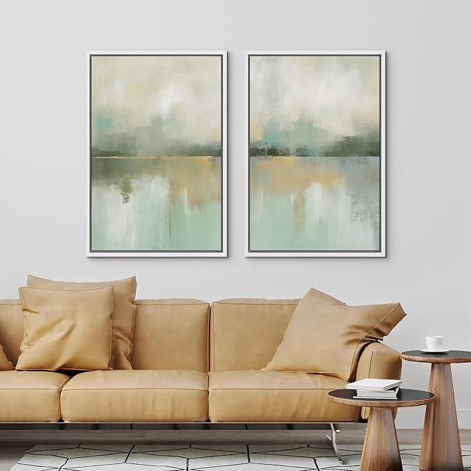 IDEA4WALL Framed Canvas Print Wall Art Set Golden Mist Lake Abstract Water Landscape Illustrations Modern Art Decorative Coastal Cottage Seascape for Bedroom - 16"x24"x2 White