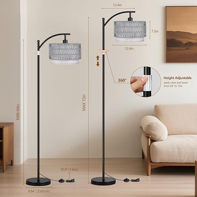 ROTTOGOON Arc Floor Lamps for Living Room, Boho Farmhouse Floor Lamp with Remote & Dimmable Bulb, Standing Lamp with Grey Rattan & Fabric Shades, Adjustable Tall Lamp for Bedroom Office-Black