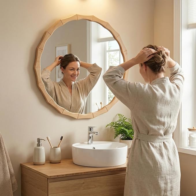 Round Bamboo Frame Mirror with Wavy Edge, 24-inch Vintage Wood Finish Hanging Wall Mirror for Bathroom, Bedroom, Living Room & Entryway